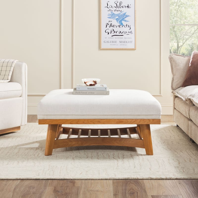 Walker Edison Modern Farmhouse Upholstered Linen Large Ottoman - Cream