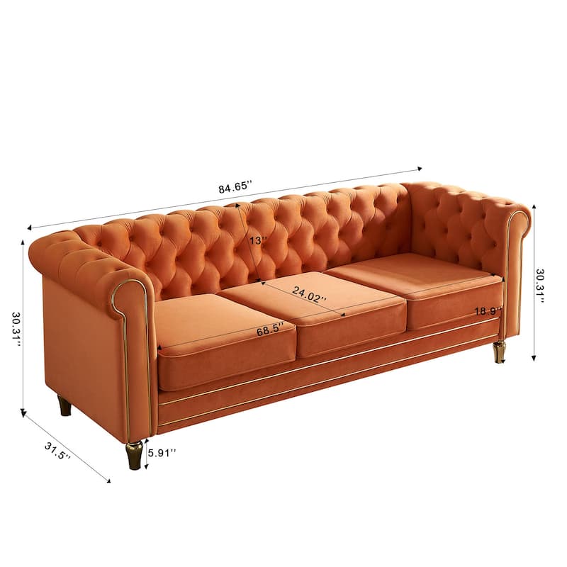 Rolled Arm Chesterfield Velvet Sofa - 84.65" High-Density Foam, Electroplated Legs - Elegant Living Room Accent
