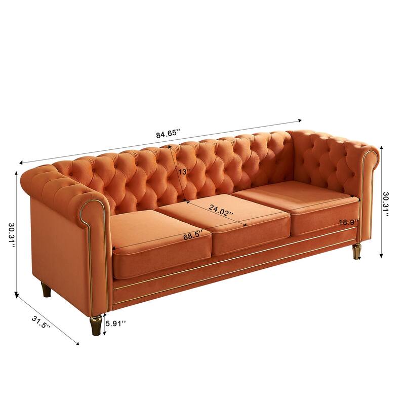 Velvet Chesterfield Sofa, 3-Seater with Rolled Arms, Tufted Back, Metal Legs for Living Room