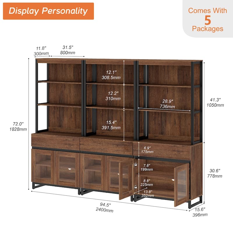 3 PCS Modern 72" Tall Buffet Cabinet with 3 Drawers and Open Shelves, Storage Cabinet for Dining Room or Kitchen