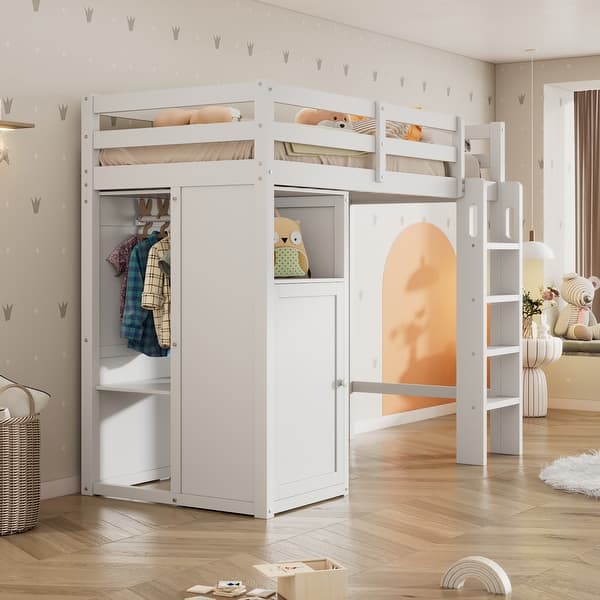 slide 2 of 13, Twin Size Wood Loft Bed with Wardrobe, Storage Shelves and Ladder White
