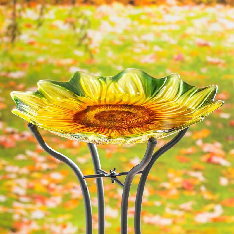18 in. Sunflower Hand Painted and Embossed Shaped Glass Bird Bath
