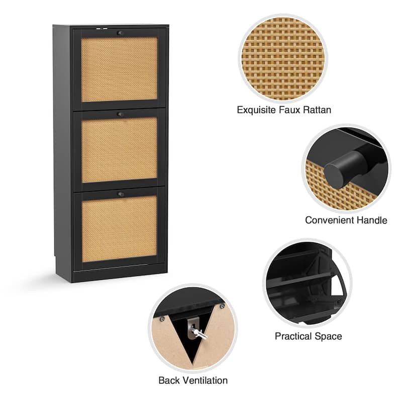 18 Pairs Black Shoe Storage Cabinet Wood Shoe Rack Organizer with 3 Flip Drawers for Entryway - 3-Tier