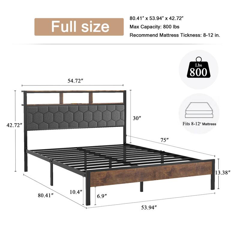 Roomfitters Wood Platform Bed Frame with Upholstered Headboard, Charging Station, No Box Spring Needed, Brown