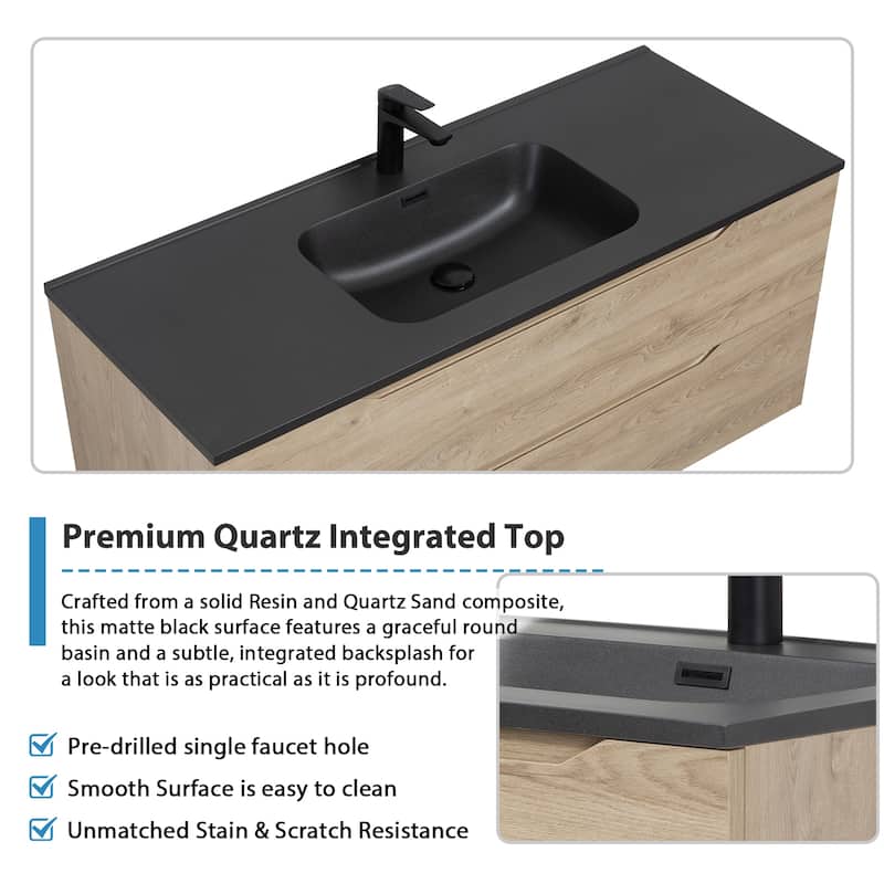 RupheonD 24"-48" Floating Bath Vanity in Evita Oak with Black Quartz Top