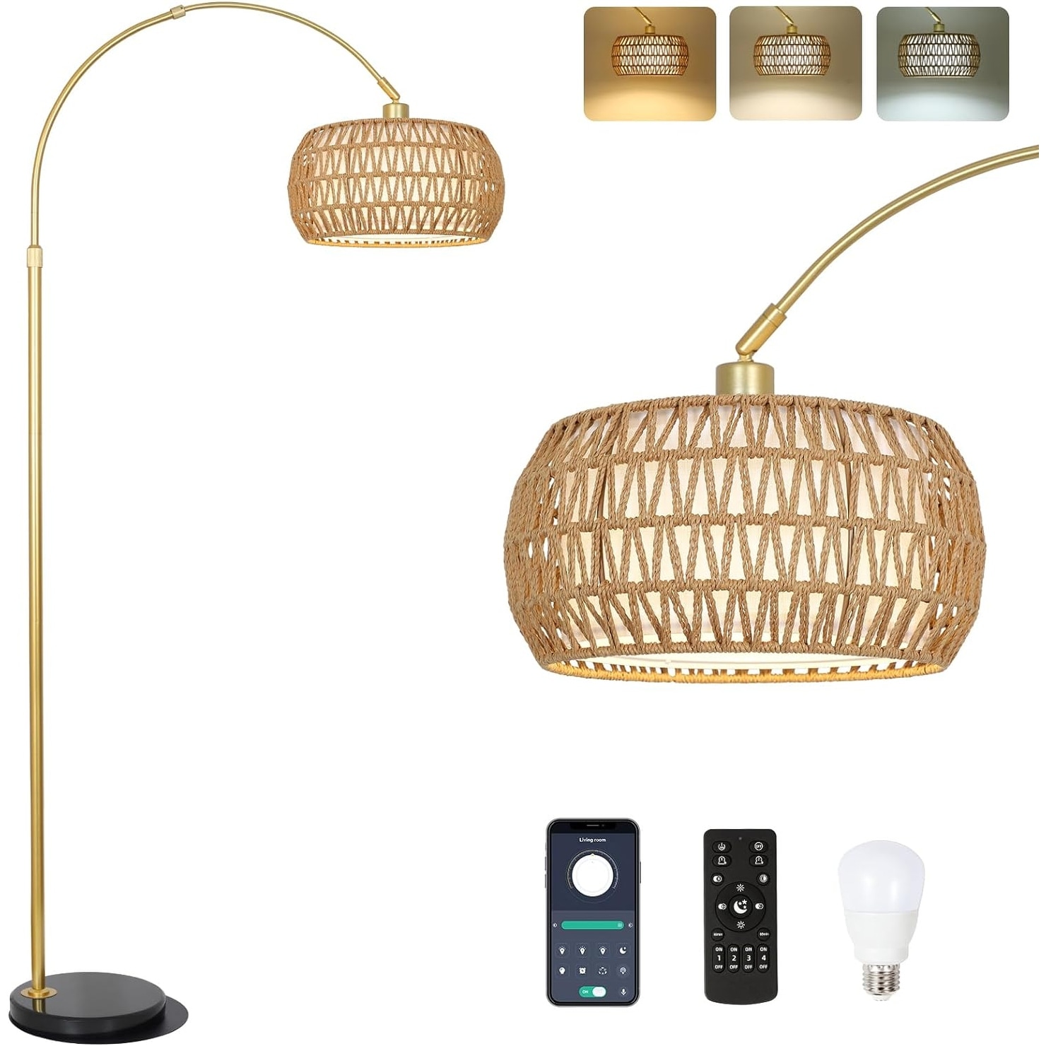 Gold Floor Lamps for Living Room,Arc Floor Lamp with Remote & Dimmable Bulb, Boho Rattan Standing lamp with 3 Color Temperatures