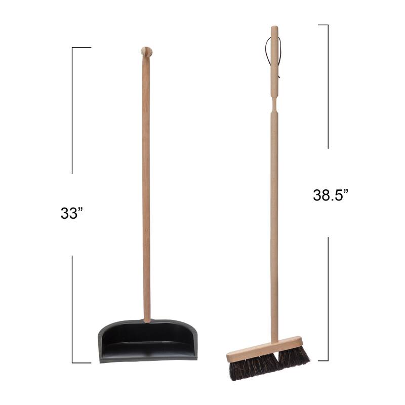 Beech Wood Broom and Standing Metal Dust Pan Set