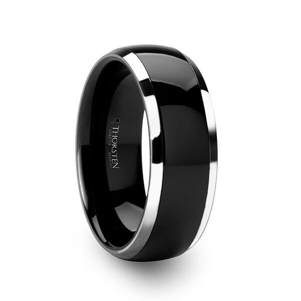 Thorsten NOVA Black Ceramic Wedding Band with Beveled Edges Ring and Red Opal Inlay 6mm Wide with Custom Inside Engraved Personalized from Roy Rose Jewelry 