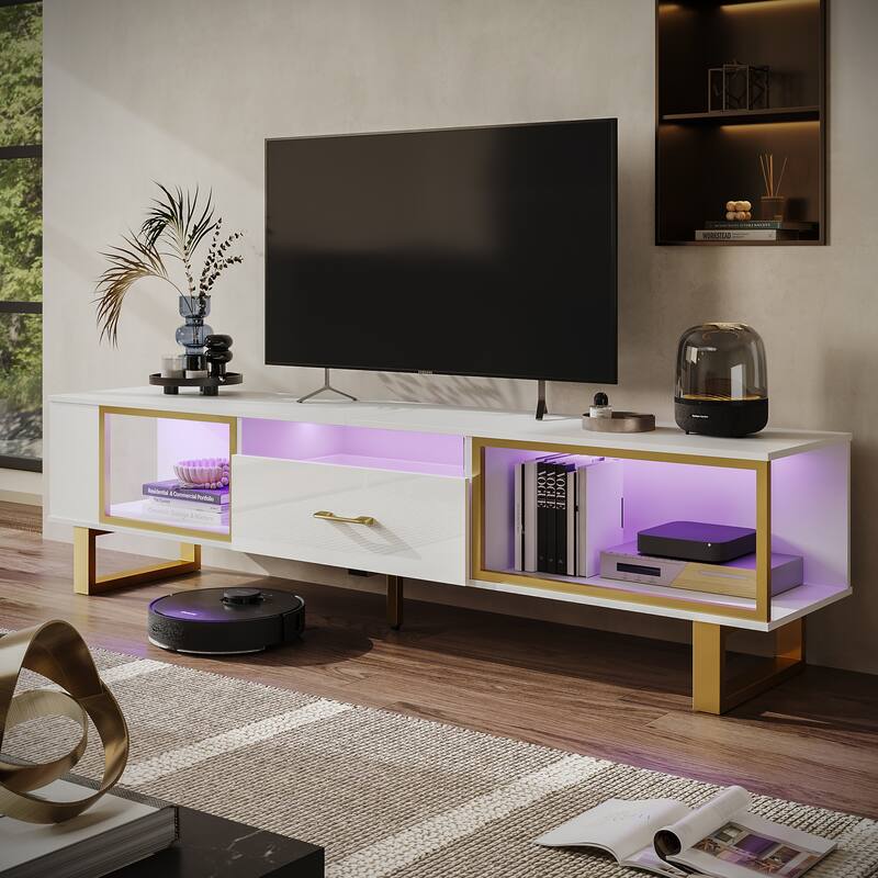 70" Led TV Stand for 75/80 inch TV, Glossy Media Console with Half-Glass Drawer