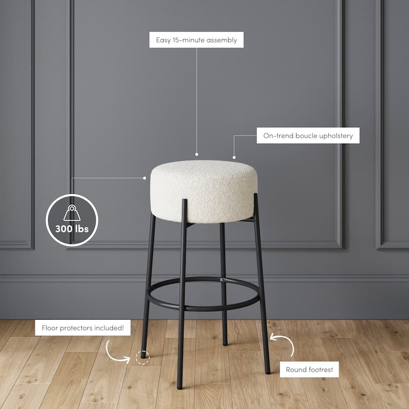 Isaac Modern Backless Metal Round Bar Stool with Boucle Padded Seat and Metal Base