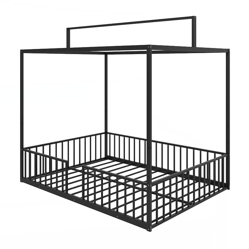 3-in-1 Convertible Montessori Metal floor bed,Modern Minimalist Design Canopy Platform Bed Funland
