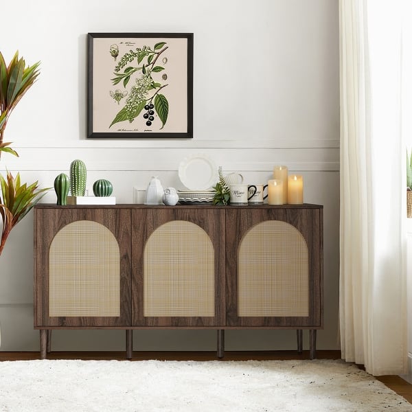 slide 2 of 13, HULALA HOME Ulysses Farmhouse 56"W Storage 3-Door Rattan Sideboard with Adjustable Shelves Walnut