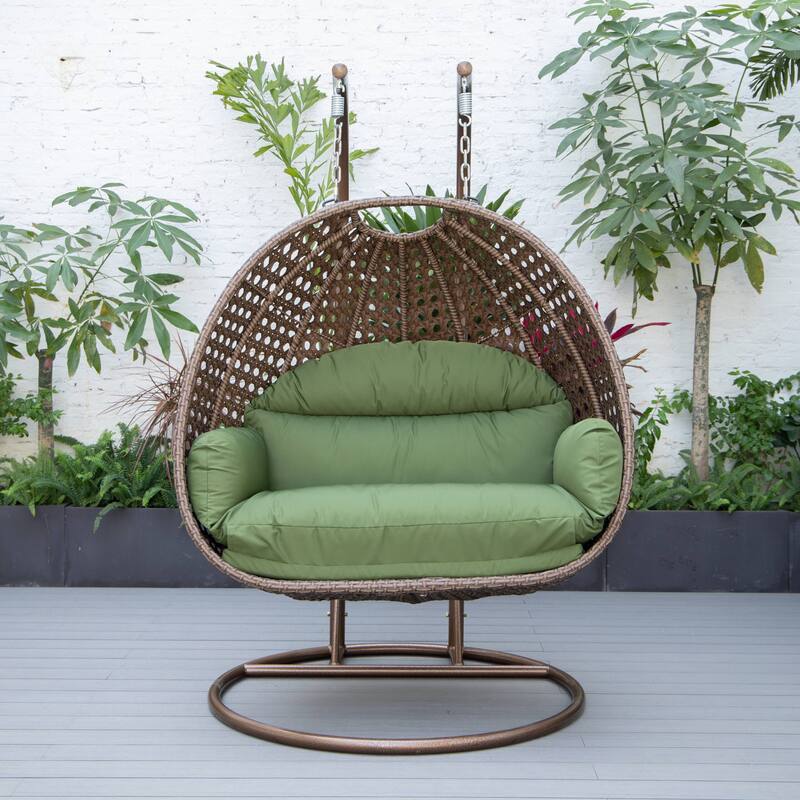 LeisureMod Mendoza Dark Brown 2 Seater Wicker Patio Hanging Double Swing Chair for Patio Porch Backyard Garden - 53"
