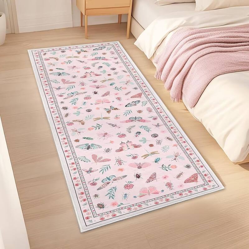 Floral Insect Print Washable Area Rugs for Living Room, Modern Non Slip Low Pile Area Rug