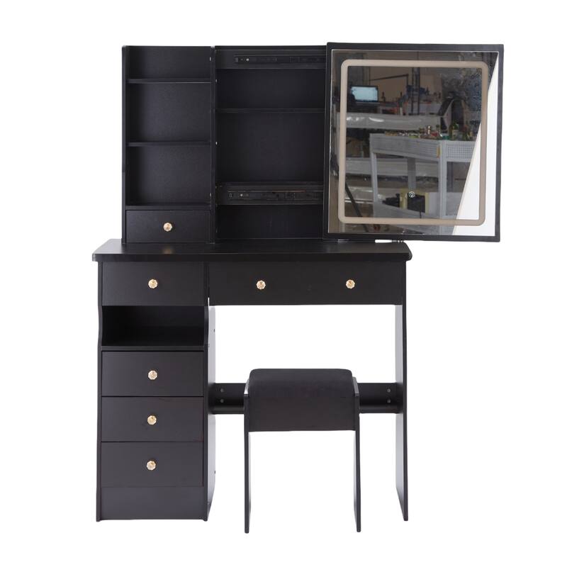 37" Full-Size Vanity Set with Mirror, LED Lighting & Cushioned Stool