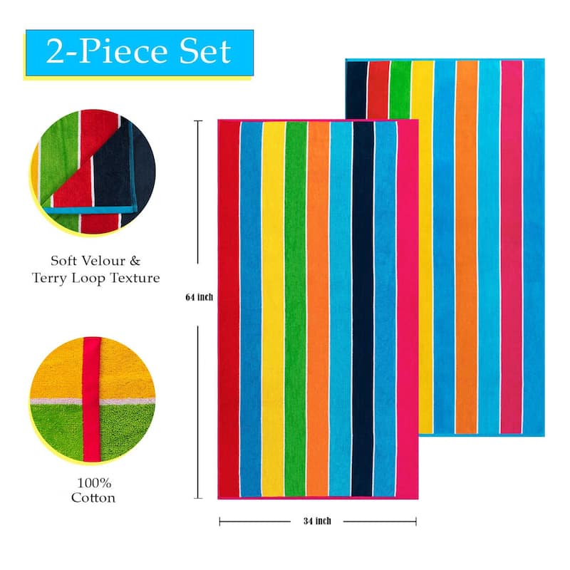 Rainbow Striped Cotton Oversized 2-Piece Beach Towel Set by Superior