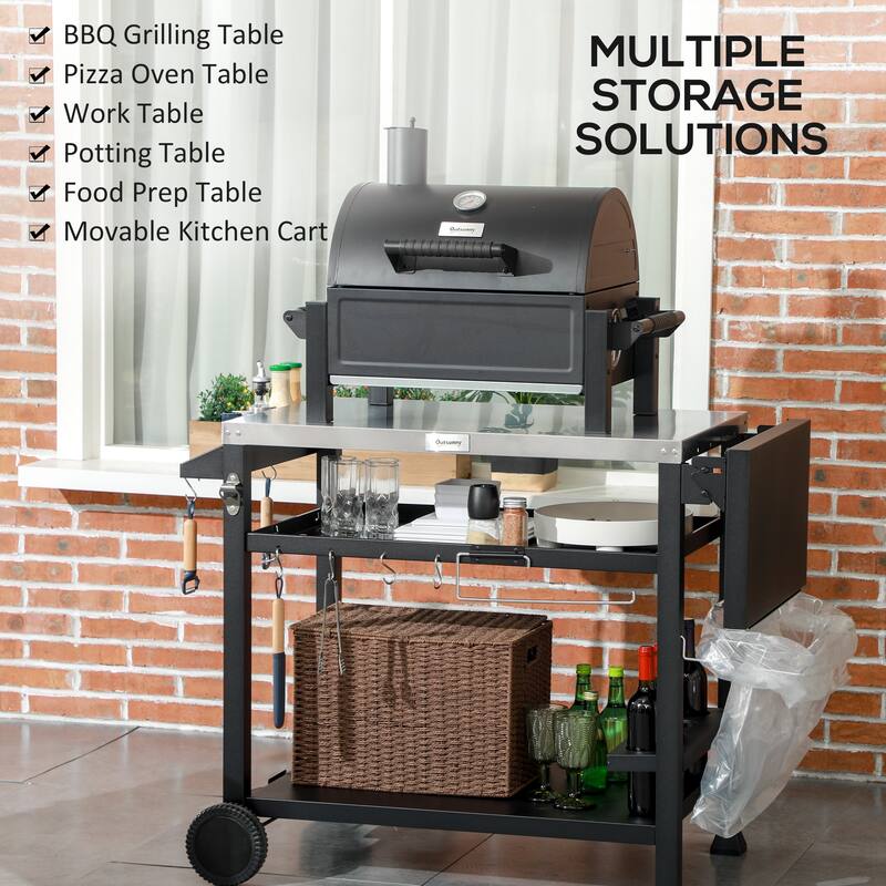 Outdoor Grill Cart with Foldable Side Table, Stainless Steel Pizza Oven Stand on Wheels, with 3 Shelves