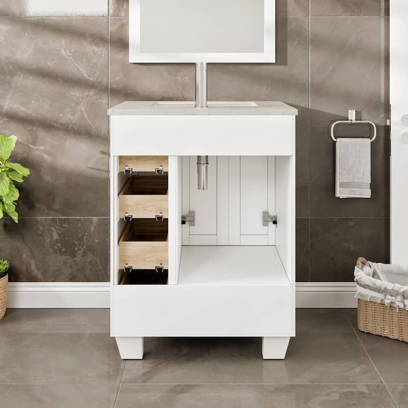 Eviva Happy 24"W x 18"D White Bathroom Vanity with White Carrara Quartz Vanity Top and Rectangular Undermount Sink - N/A