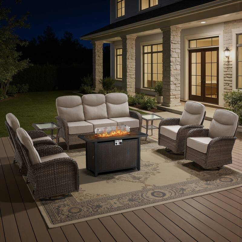 Luna 8-Piece Wicker Outdoor Patio Fire Pit Sofa Set with 6-Inch Thick Cushions