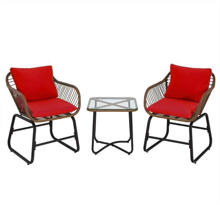 3 Pieces Patio Rattan Bistro Set Cushioned Chair Glass Table Deck - 22'' x 24.5'' x 31'' (L x W x H)