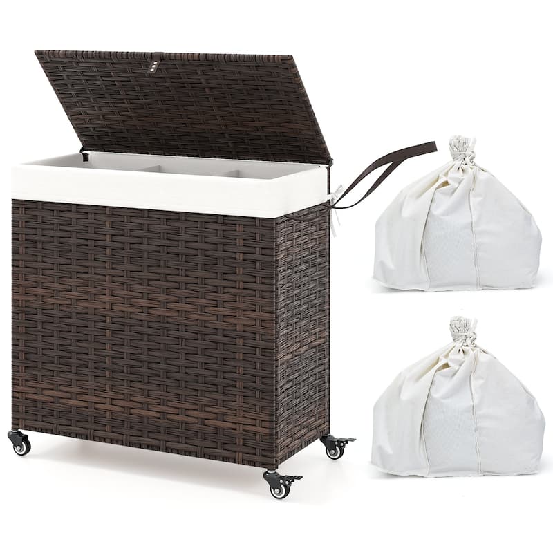 Gymax Laundry Hamper w/Wheels & Lid 125L 3-Section Clothes Hamper w/2 - Brown