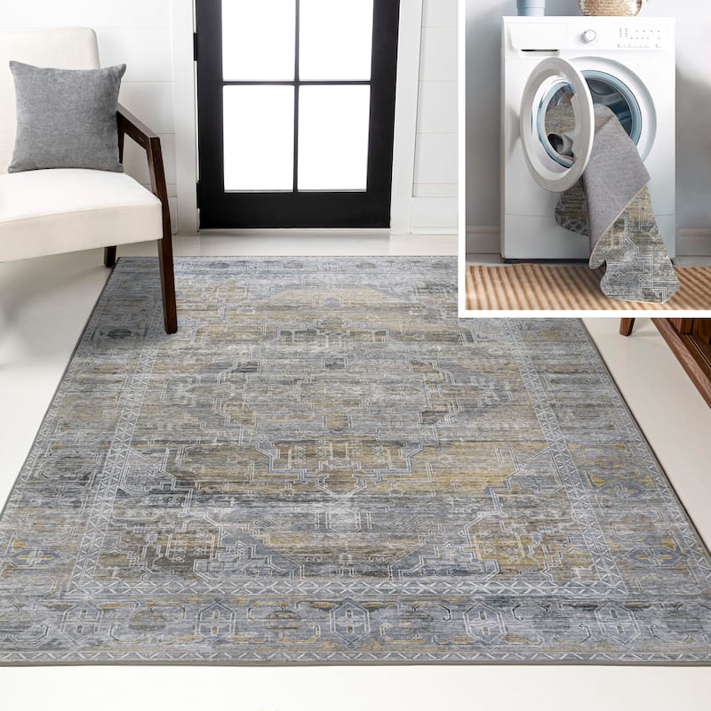 JONATHAN Y Dalyan Ornate Medallion Machine Washable Area Rug - 4 X 6 - Gray/Mustard