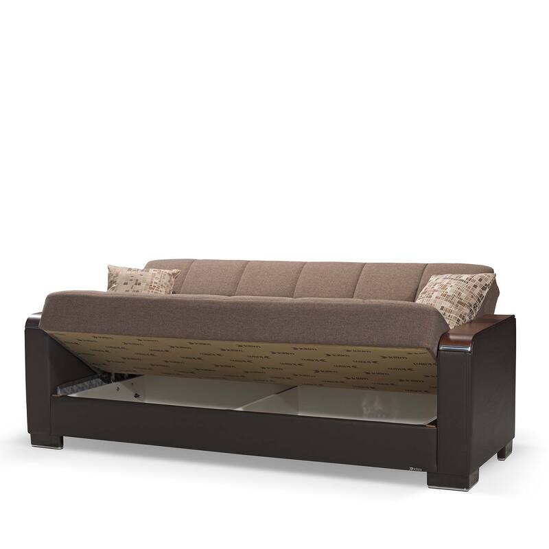 HomeRoots 87" Brown Chenille And Faux Leather Convertible Futon Sleeper Sofa And Toss Pillows With Storage