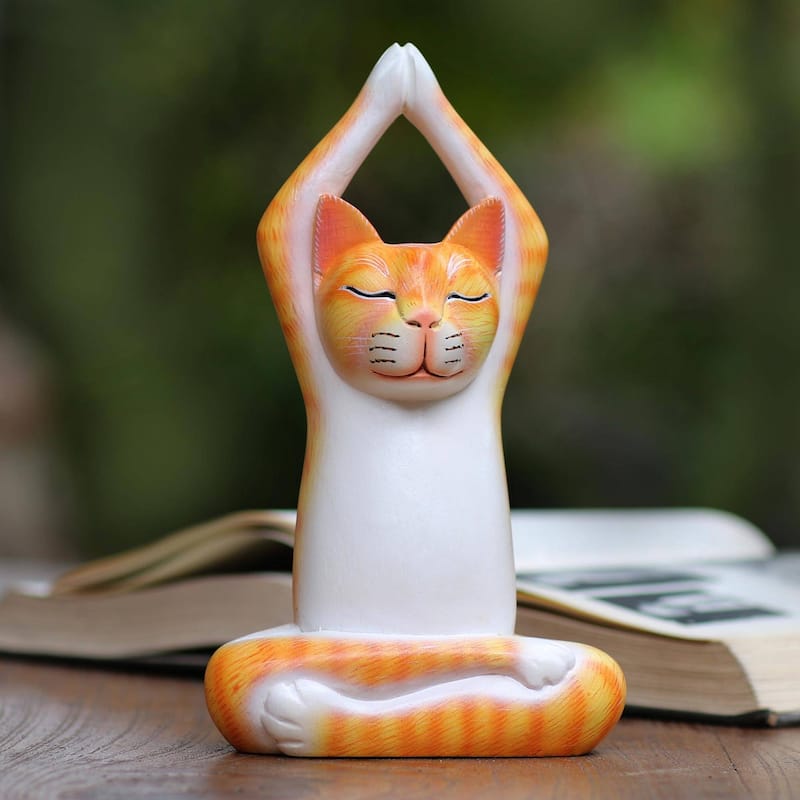 Novica Handmade Toward The Sky Orange Yoga Cat Wood Sculpture