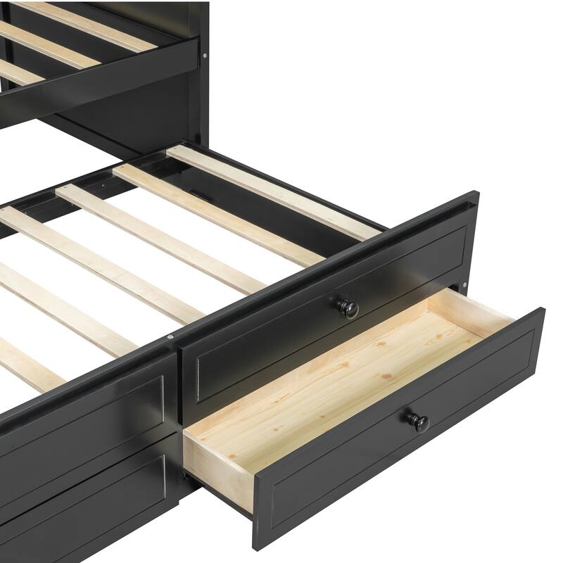 Wooden Frame Day Bed, Twin Size Daybed with Trundle Bed, Upholstered Tufted Button Backrest Sofa Bed with 2 Storage Drawers
