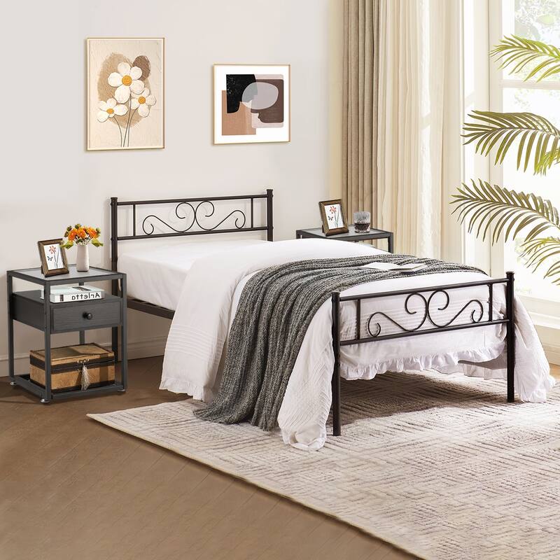 3-pieces Platform Bed Frame and Glass Top Nightstands Set of 2