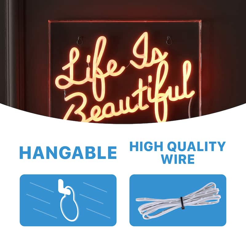 Life is Beautiful 13.7" X 10.9" Contemporary Glam Acrylic Box USB Operated LED Neon Light, Orange by JONATHAN Y - 13.7" X 10.9"