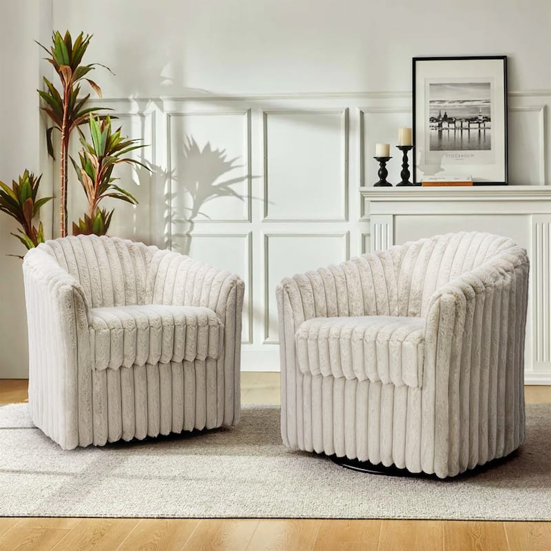Faux Rabbit Fur Accent Chair 360-degree Swivel Barrel Chairs Set of 2 - White