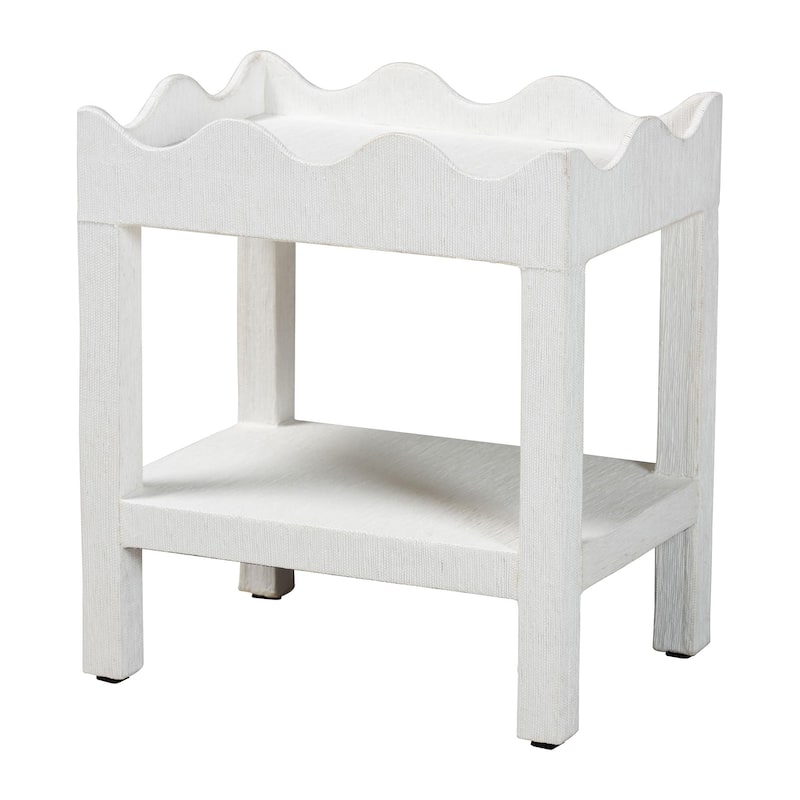 Sebastian Grasscloth Scalloped End Table - 2-Tier Accent Table with Open Shelf Storage for Living Room, Bedroom, or Entryway - White