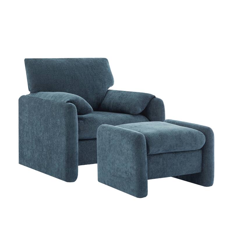 Chenille Single Sofa Chair & Ottoman Set - Blue Green