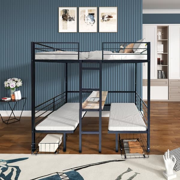 slide 2 of 10, Full Size Loft Bed with Table Set Transformable to Full over Full Bunk Black