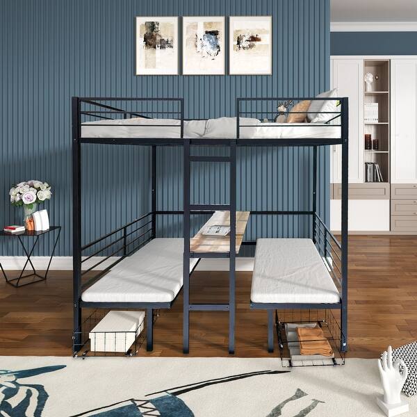 slide 2 of 8, Full over Full Size Steel Loft Bunk Bed with Transformable Table Sets Full over Full - Black