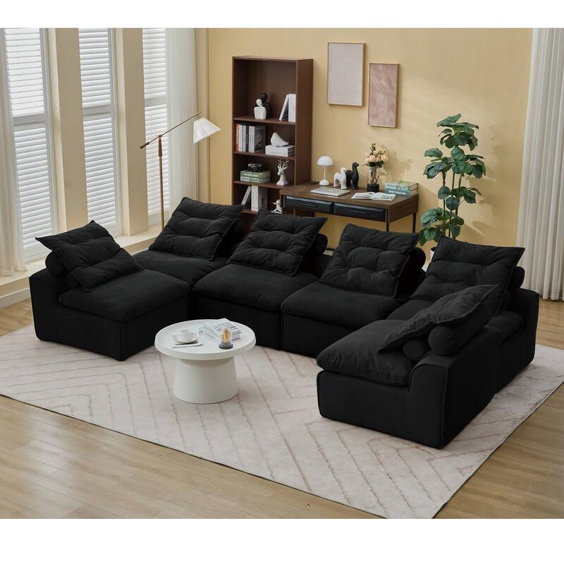 132" Modular Corduroy Sectional Sofa with 12 Pillows & Armless Design - Black