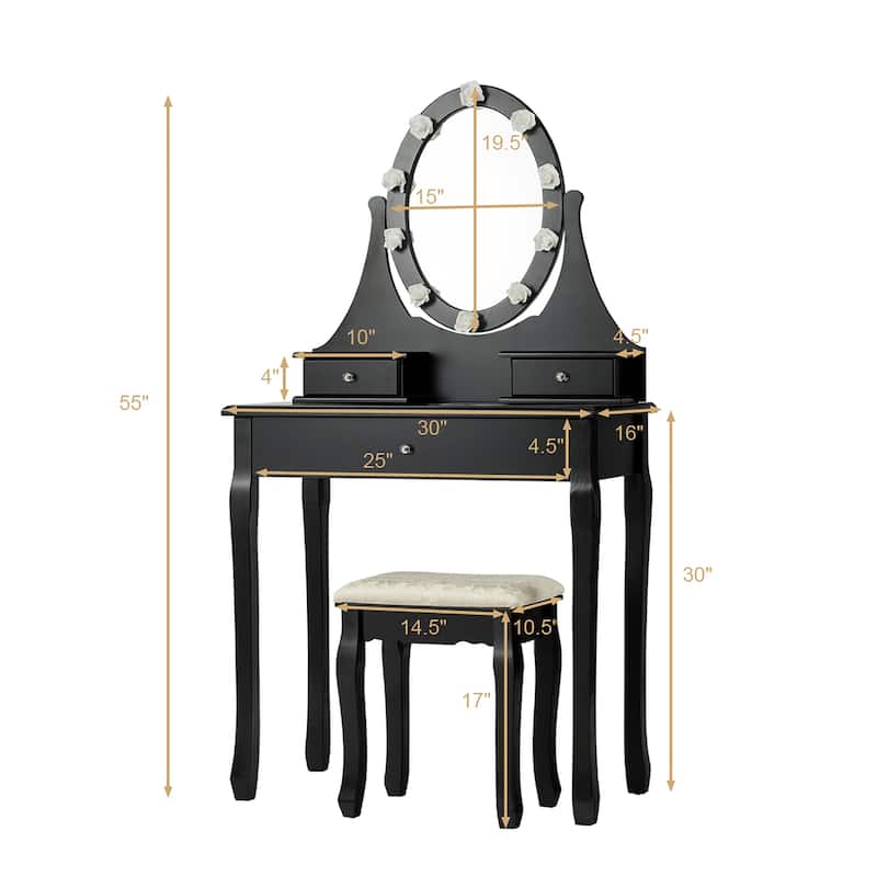 Vanity Makeup Dressing Table Set Lighted Mirror w/ Drawers & LED Bulbs