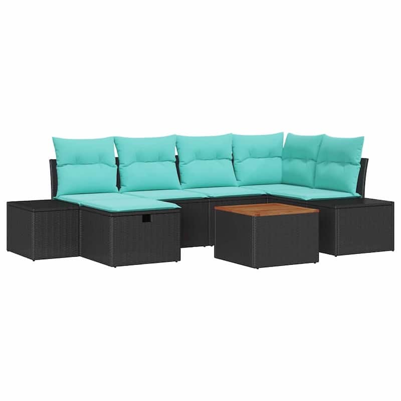 vidaXL 7 Garden Sofa Set with Cushions Black/Grey Poly Rattan - 103.9 x 60.6 x 27.2
