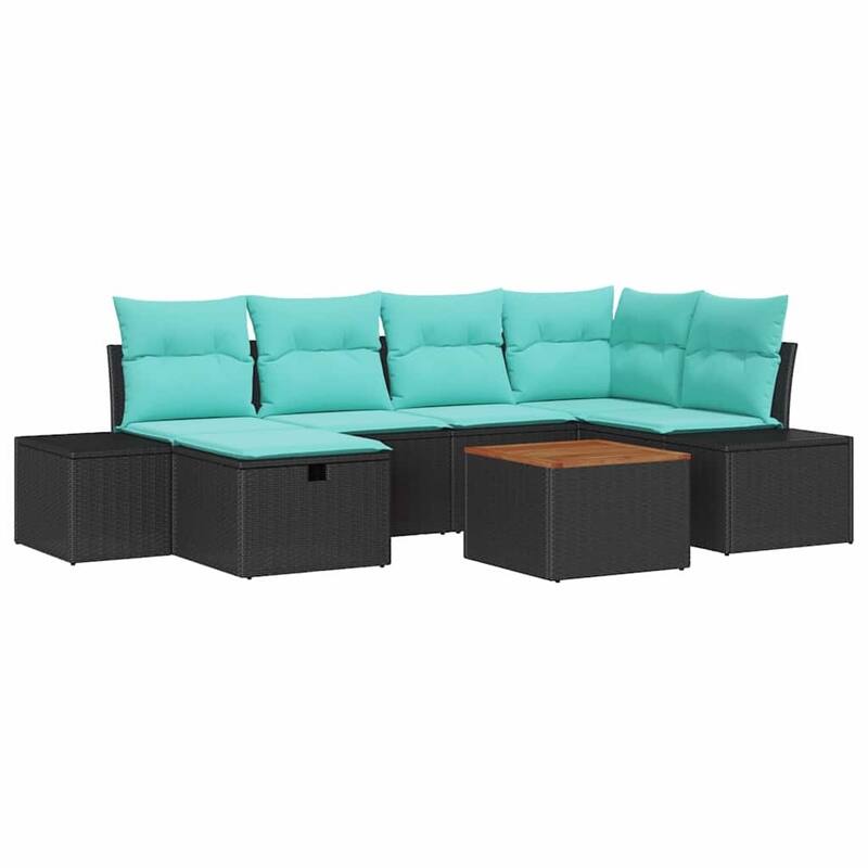vidaXL 7 Piece Garden Sofa Set with Cushions Black Poly Rattan - 103.9×60.6×27.2