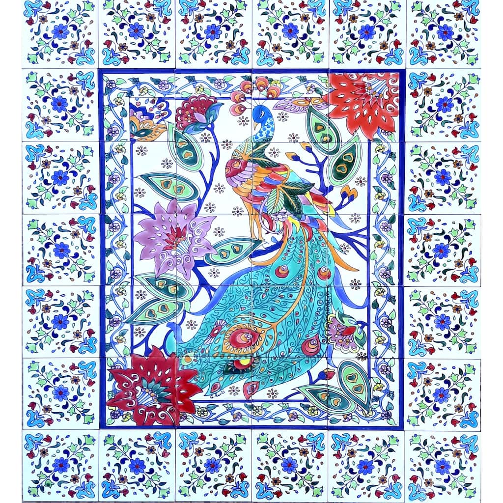 36in x 42in Peacock Design 42pc Decorative Tile Ceramic Wall Mural