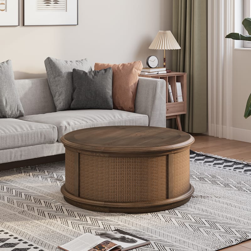 36"Round Rattan Drum Lift Top Coffee Table - 36"Lx36"Wx18"H