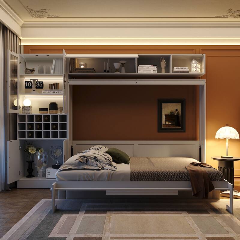 Foldable Murphy Bed Wall Bed with Queen Platform Bed and Sofa, Storage Bed with USB, Glass Door Cabinet, Wine Rack and Shelves - White - Queen