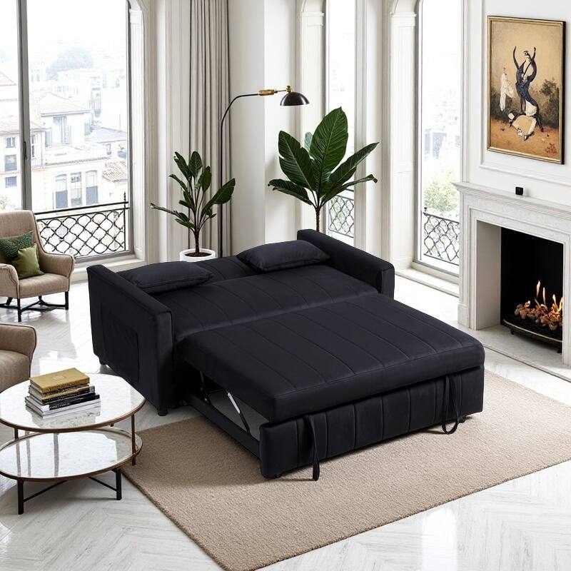 55.91" Velvet 4-Seater Sleeper Sofa with Storage & Adjustable Backrest