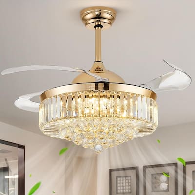 42'' Fandelier Ceiling Fan with Light, Retractable Chandelier Fan LED Dimmable Crystal Ceiling Fan for Bedroom Living Room