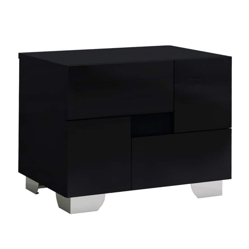Wood Mirrored Modern Nightstand with 2 Drawers and Metal Handles