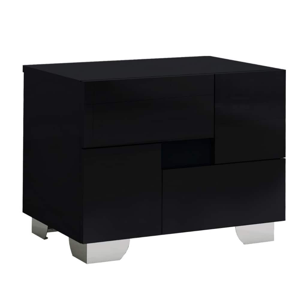 Wood Mirrored Modern Nightstand with 2 Drawers and Metal Handles