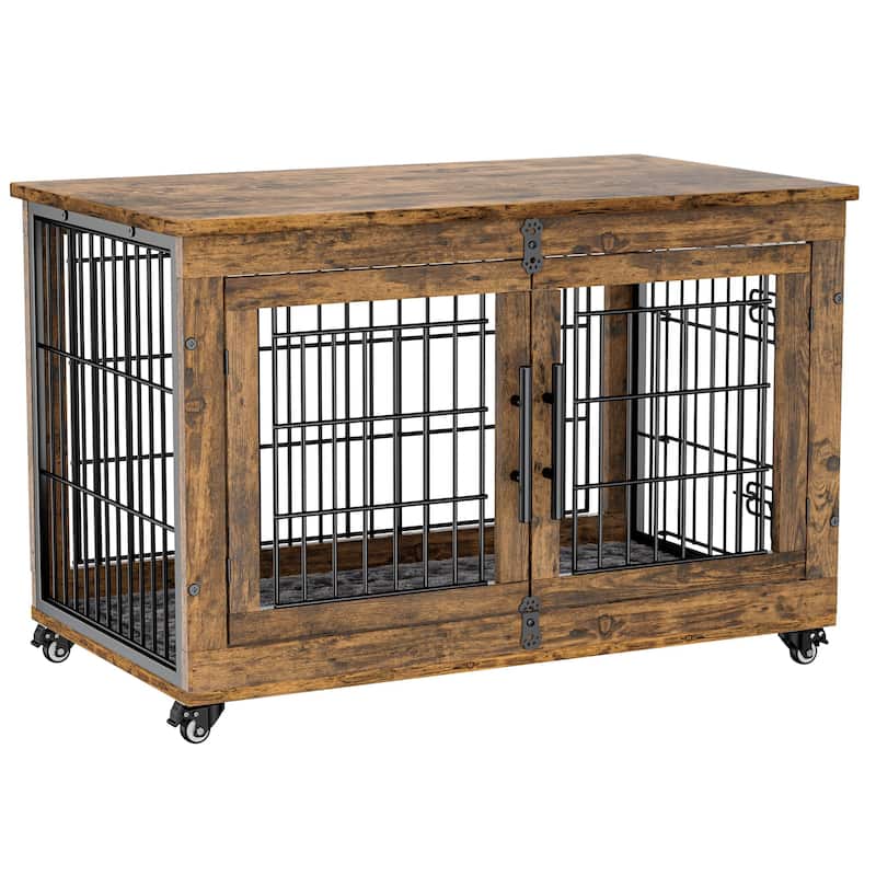 Dog Crate Indoor Heavy Duty Double Doors Wooden Dog Cage with Cushion - 38.5"L x 25.2"W x 26.8"H. - Assembly Required - Brown