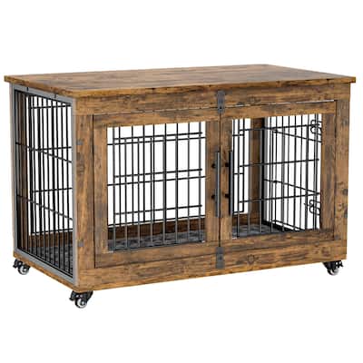 Dog Crate Indoor Heavy Duty Double Doors Wooden Dog Cage with Cushion