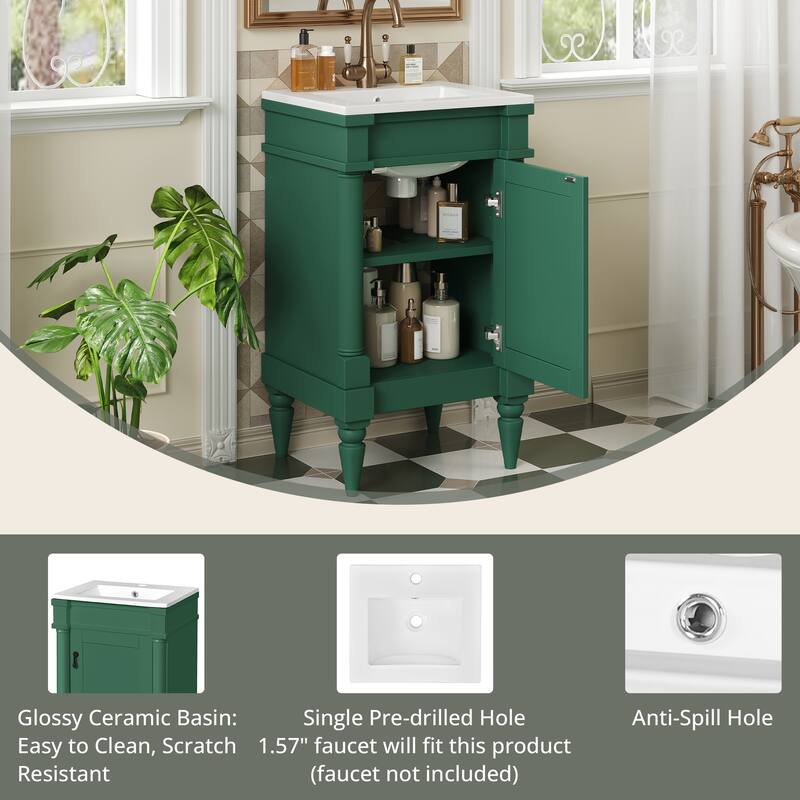 GDFStudio - Wexford Retro Freestanding Bathroom Vanity with Ceramic Sink, Solid Pine Wood Legs & Adjustable Shelf - 18'W